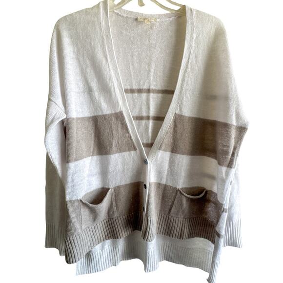 Eileen Fisher XS Linen Slub Cardigan Striped Beige White Lightweight Sweater - Picture 1 of 10